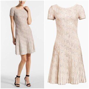 ST JOHN Inlay Sequin Trellis Knit Fit & Flare Dress Cream Metallic Gold 14 NWOT